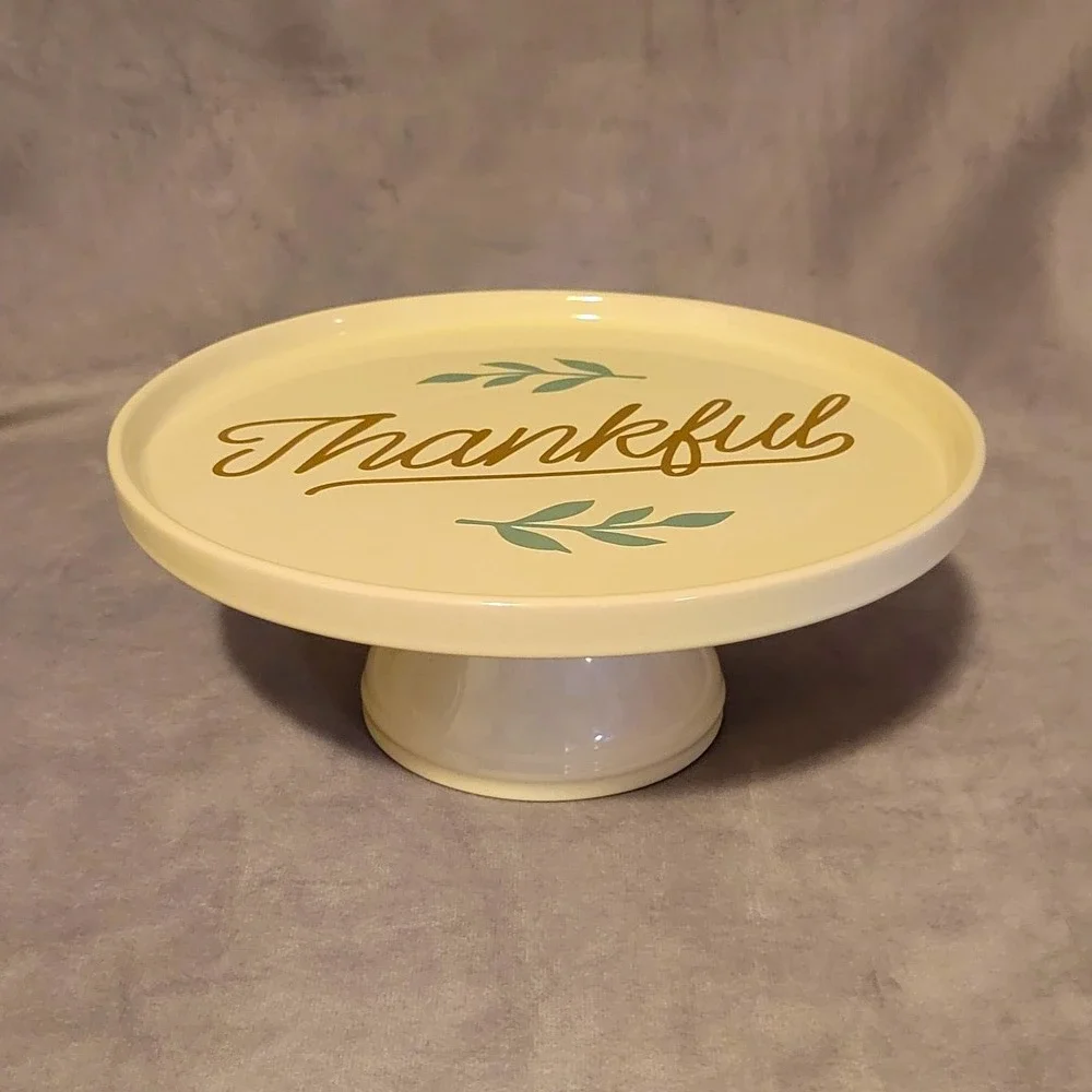 Simply Autumn Harvest Thankful Ceramic Round Cake Stand, 10.5in Cream